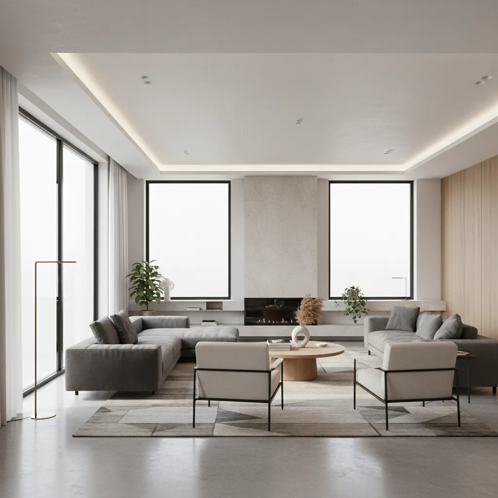 Visualización 3D realista de un salón moderno