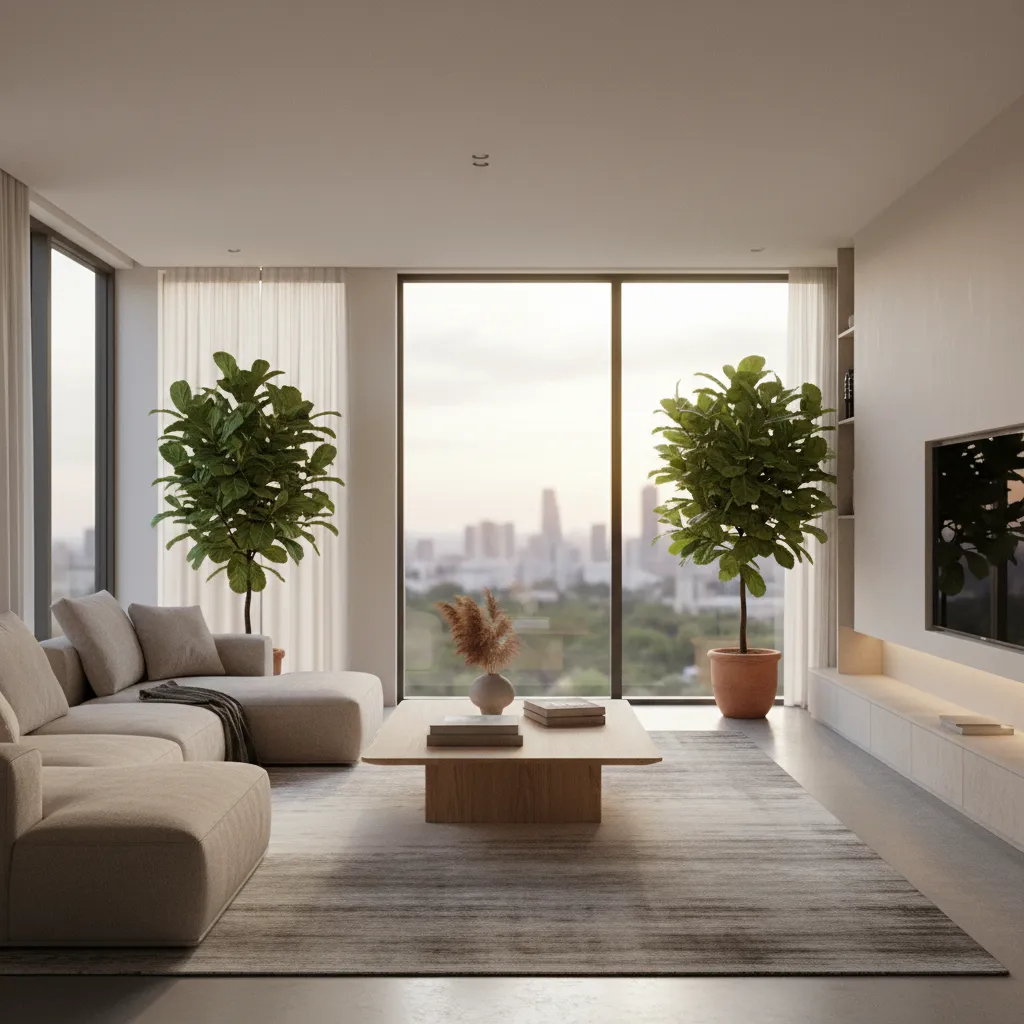 Modern living room with beige sofa, wooden coffee table, large windows, city view, and plants