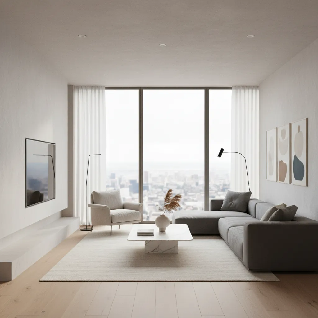 Render 3D realista de una sala moderna