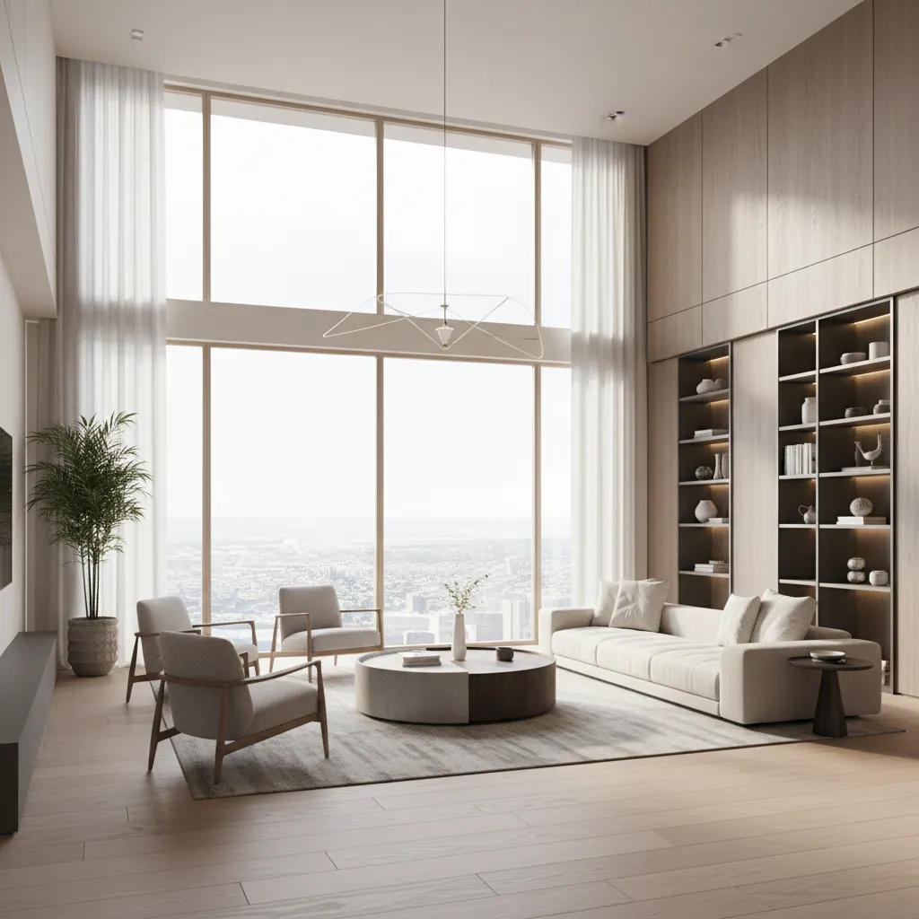 Render 3D de un salón moderno generado con software de diseño