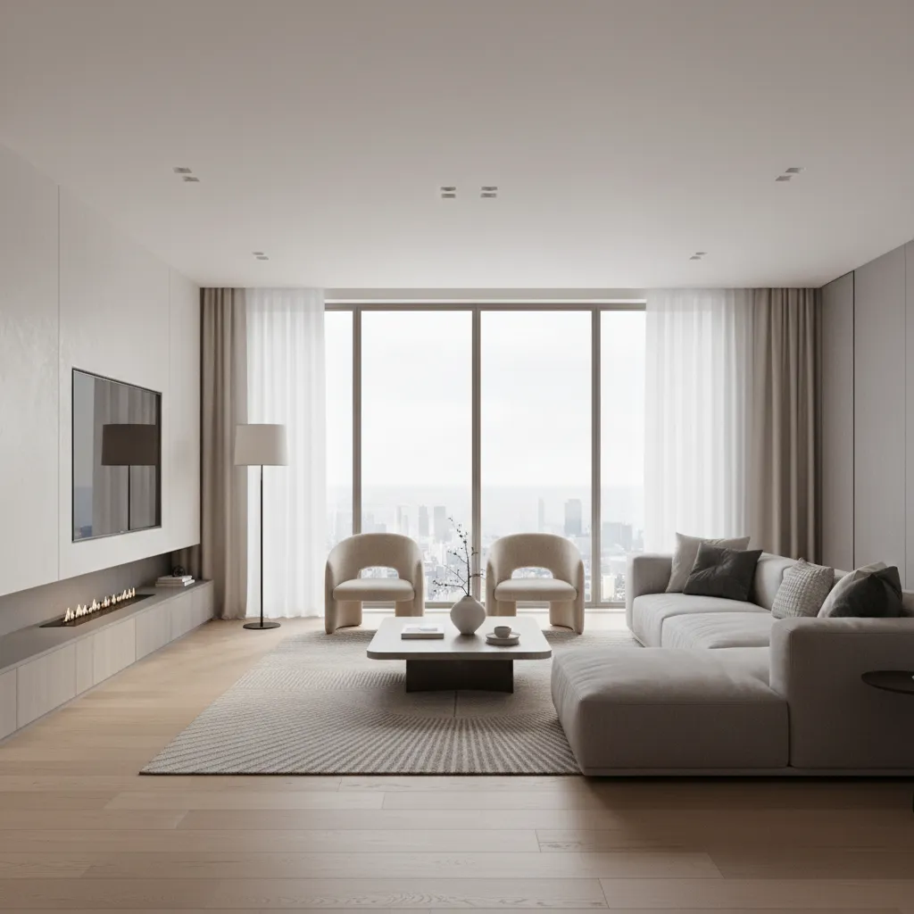 Render 3D realista de salón moderno diseñado digitalmente