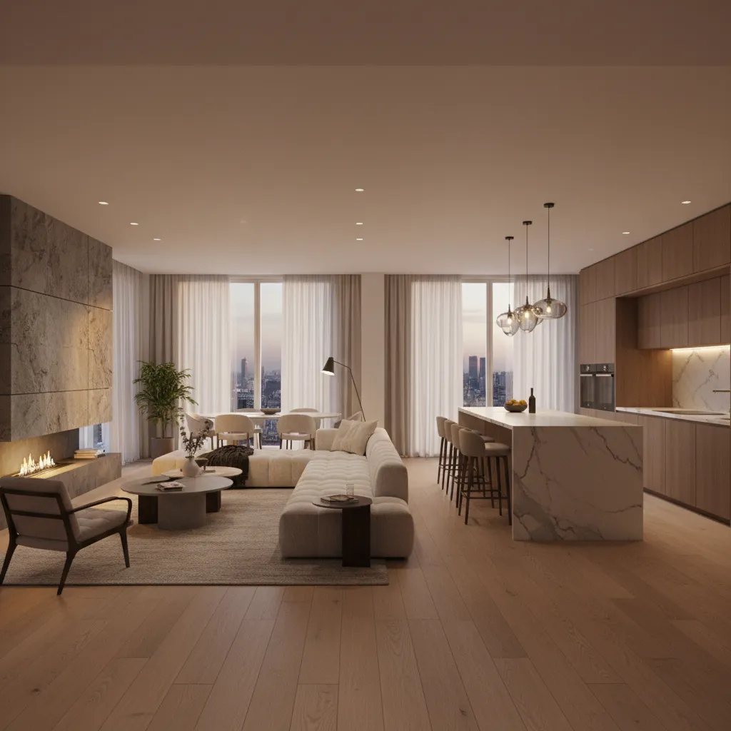 Renderizado 3D realista de un interior residencial antes de construirse