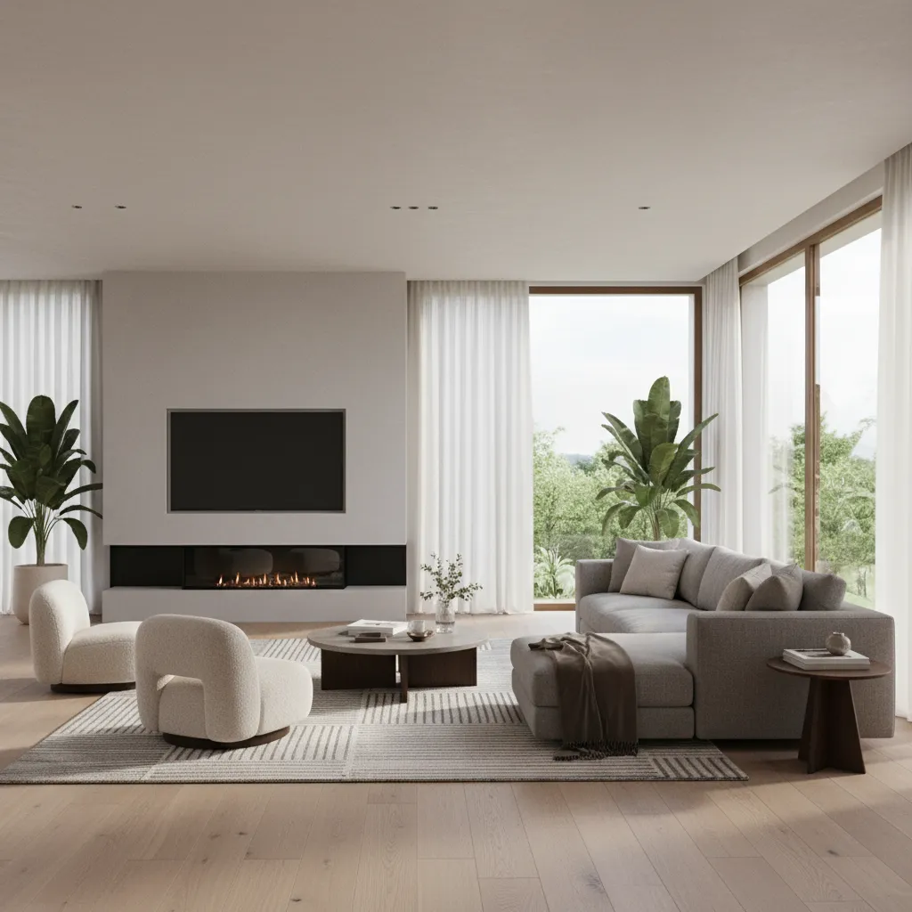 Render 3D realista de un salón moderno con iluminación natural