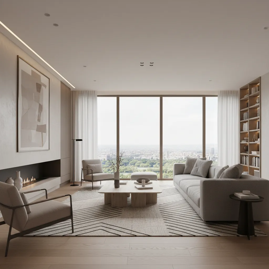 Render 3D realista de un salón moderno diseñado digitalmente