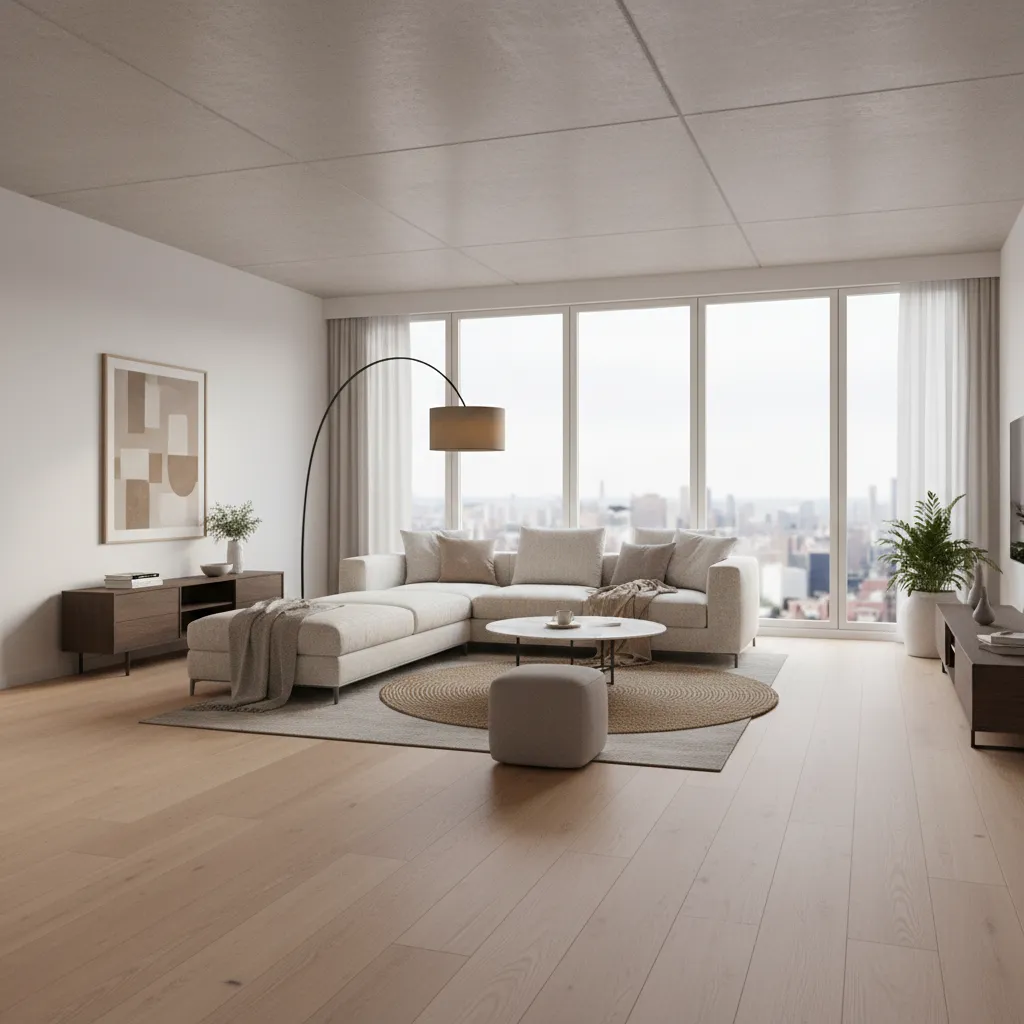 Render 3D realista de un salón antes de la decoración final