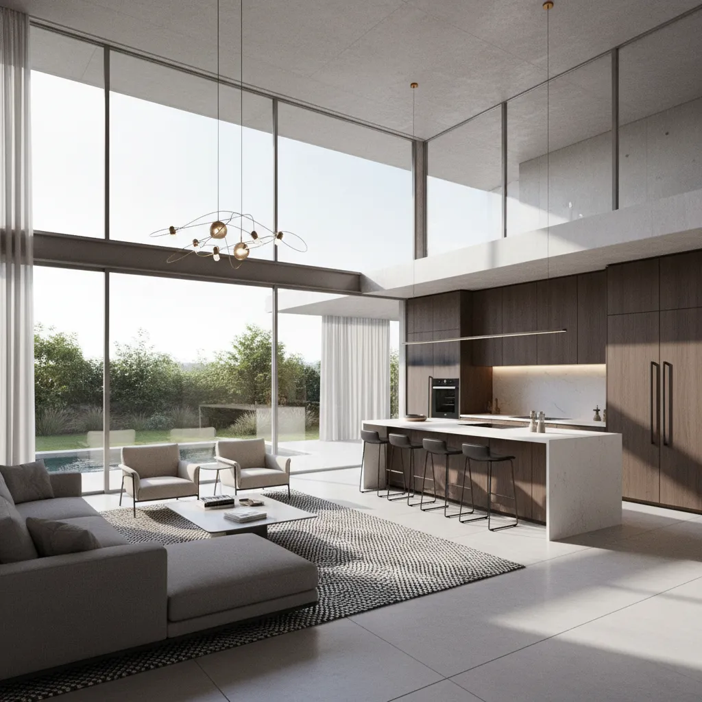 Render 3D realista del interior de una casa moderna