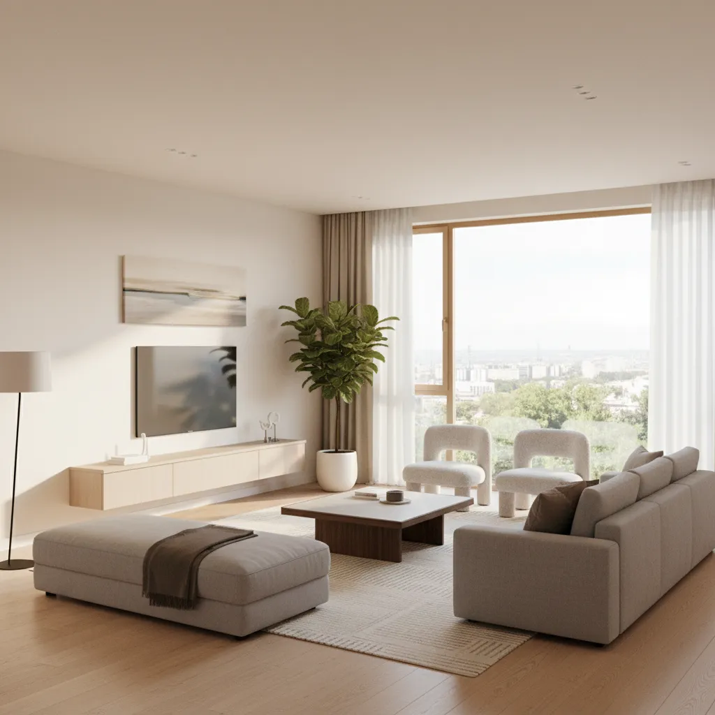 Render 3D realista de una sala de estar moderna