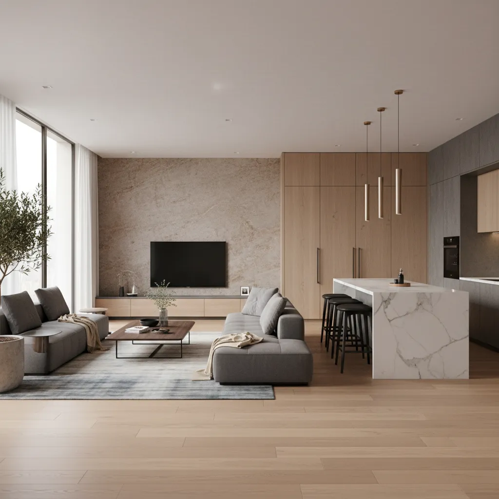Render 3D realista del interior de una casa moderna