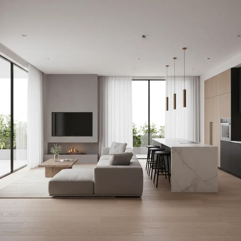 Render 3D realista de un interior de vivienda unifamiliar antes de su construcción