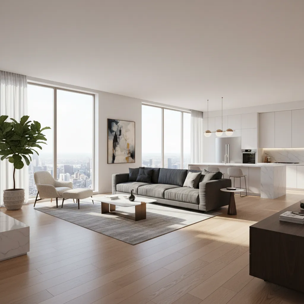 Render 3D realista de un interior de vivienda con iluminación natural