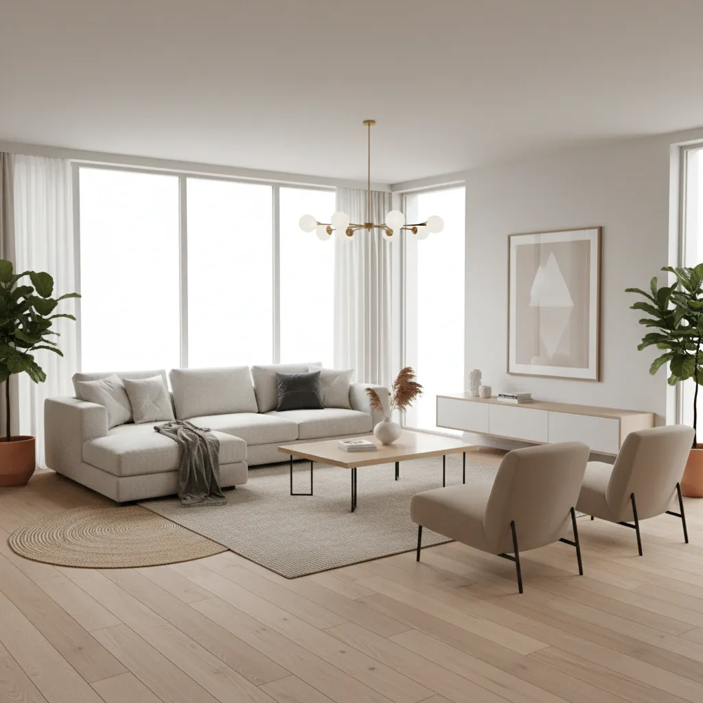 Render 3D realista de una sala de estar moderna basada en un plano de diseño