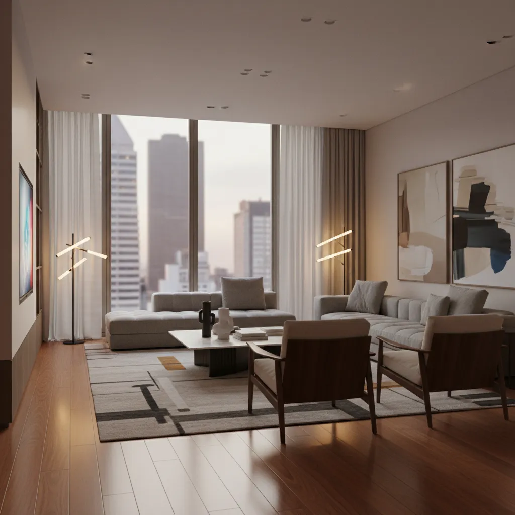 Render 3D realista de una sala de estar moderna