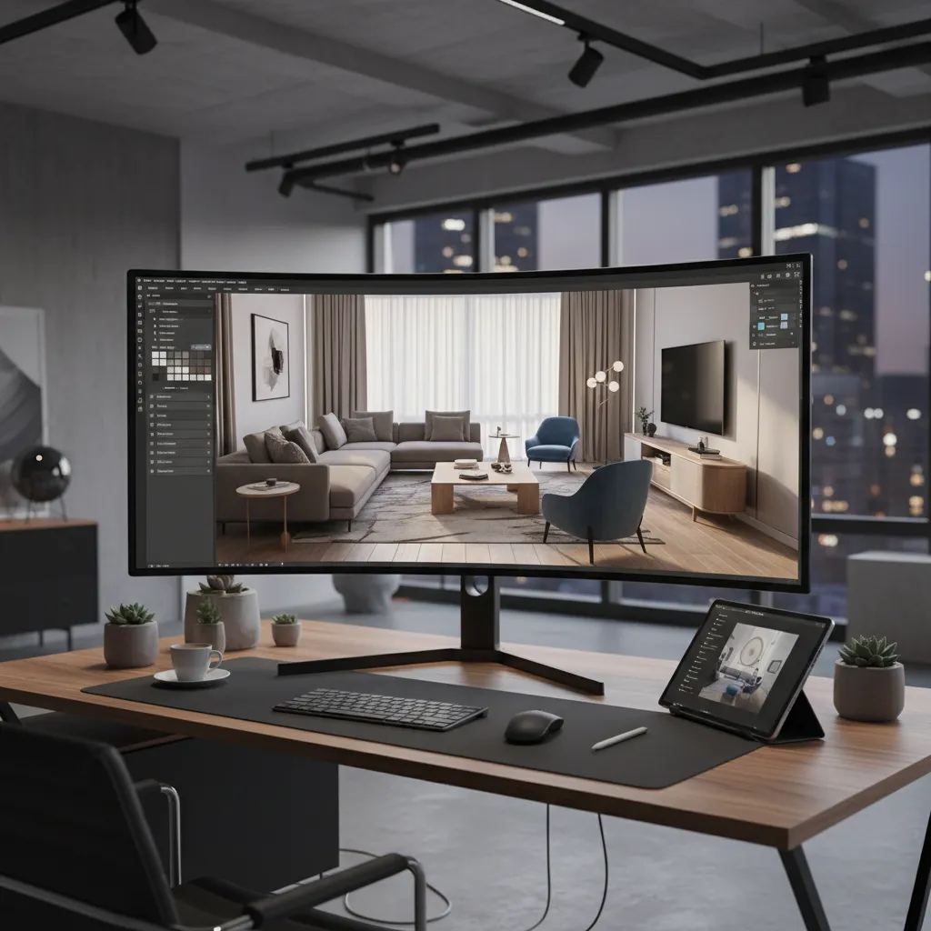 Curved computer monitor displaying a modern living room design with grey sofa and blue chairs