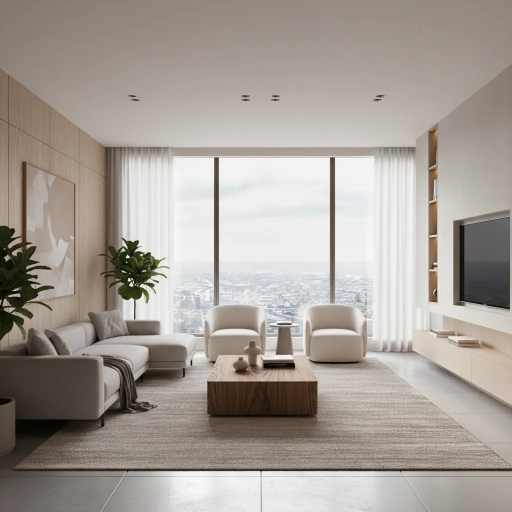 Render 3D realista de un salón diseñado digitalmente