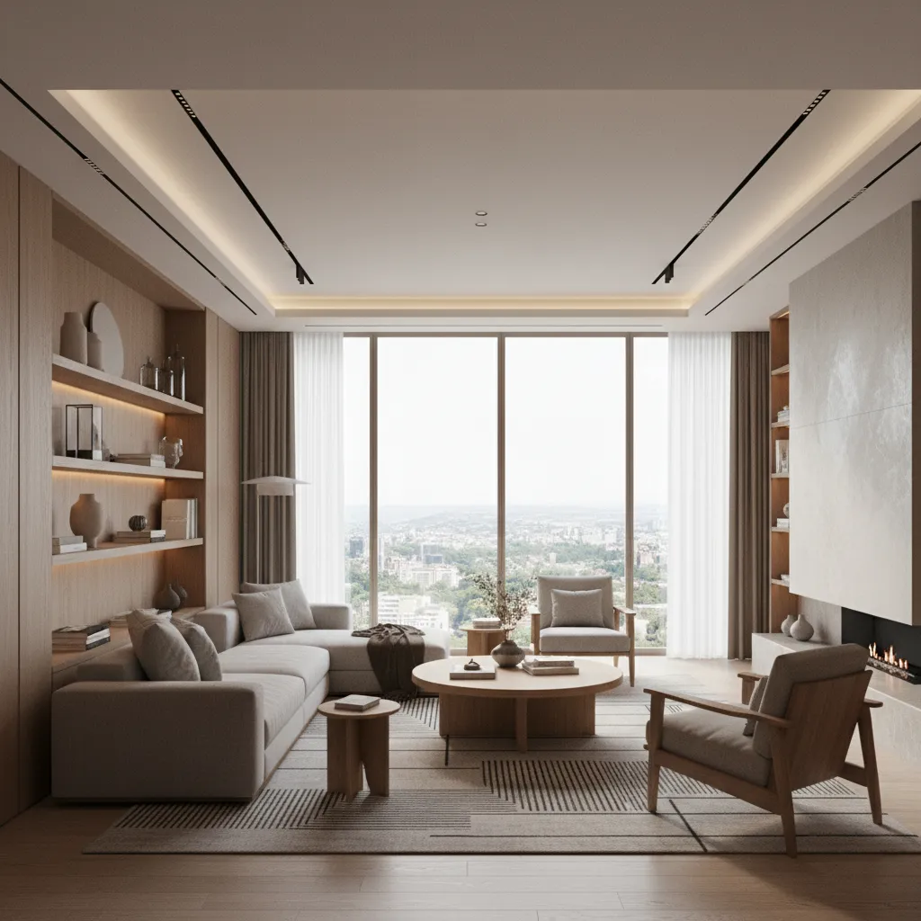 Modern interior design drawing showing a living room layout with windows and a city view