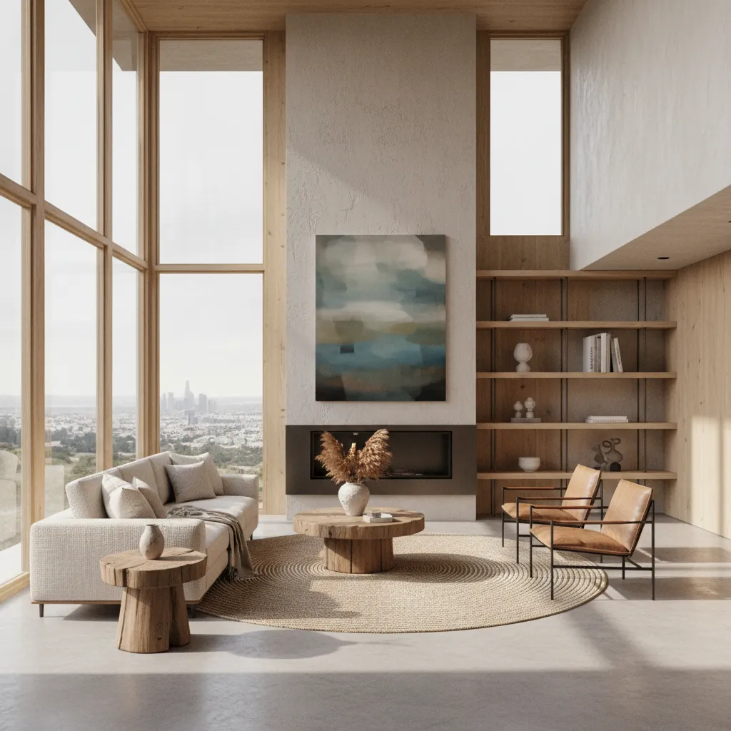 Render 3D hiperrealista de un salón diseñado por interioristas