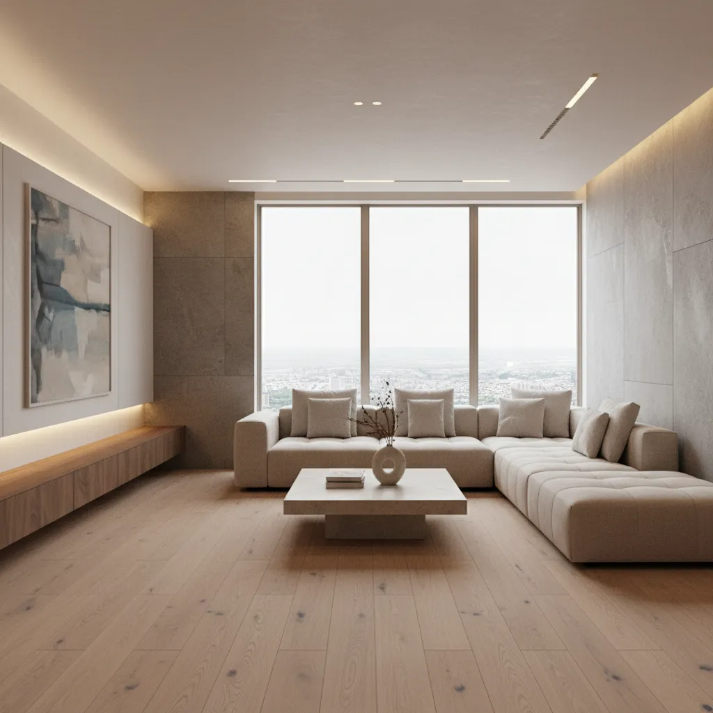 Modern living room with beige sofa wooden floor large windows city view and warm wall lights