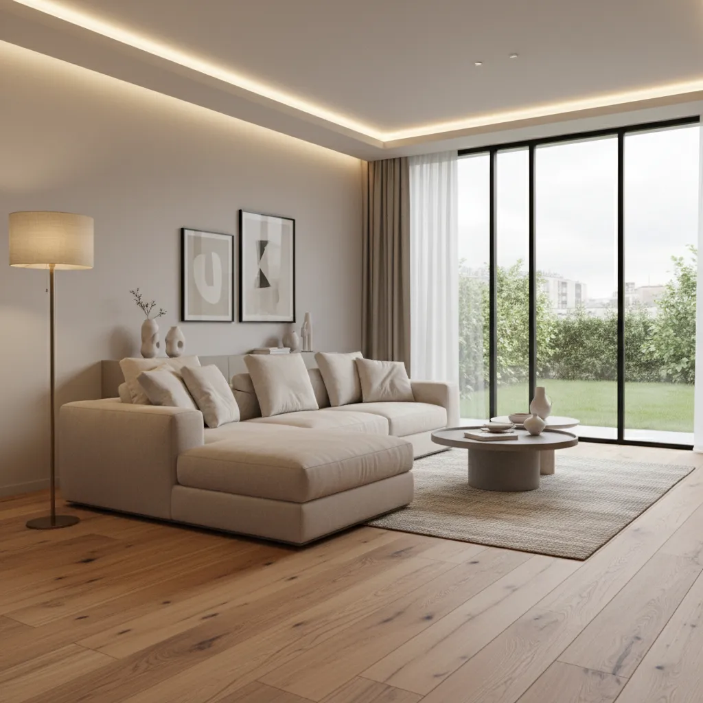 Render 3D realista de una sala de estar diseñada digitalmente