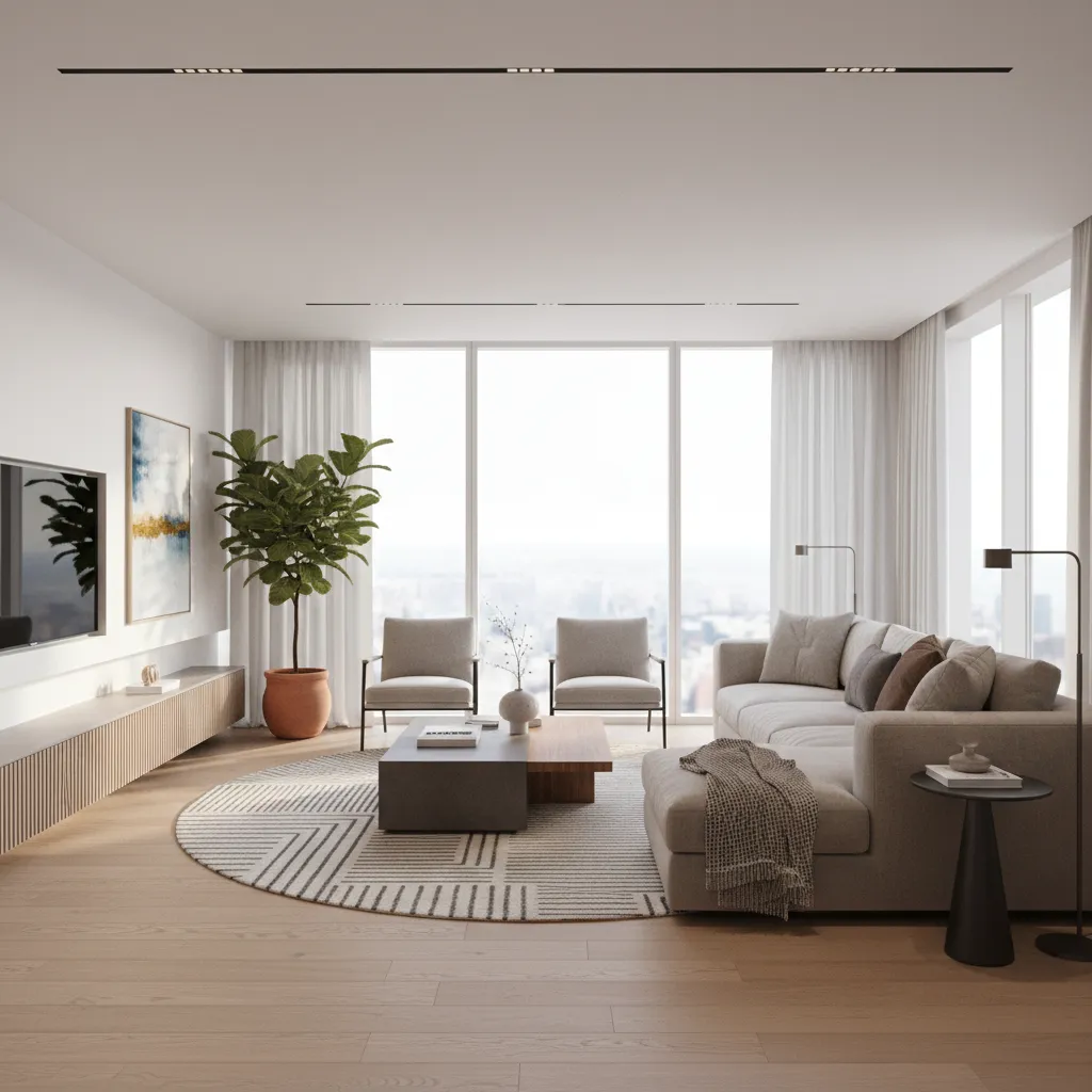 Render 3D realista de una sala moderna generado desde software de diseño