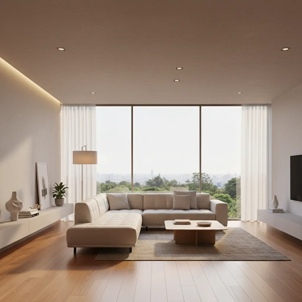 Render 3D realista de un salón moderno con iluminación natural