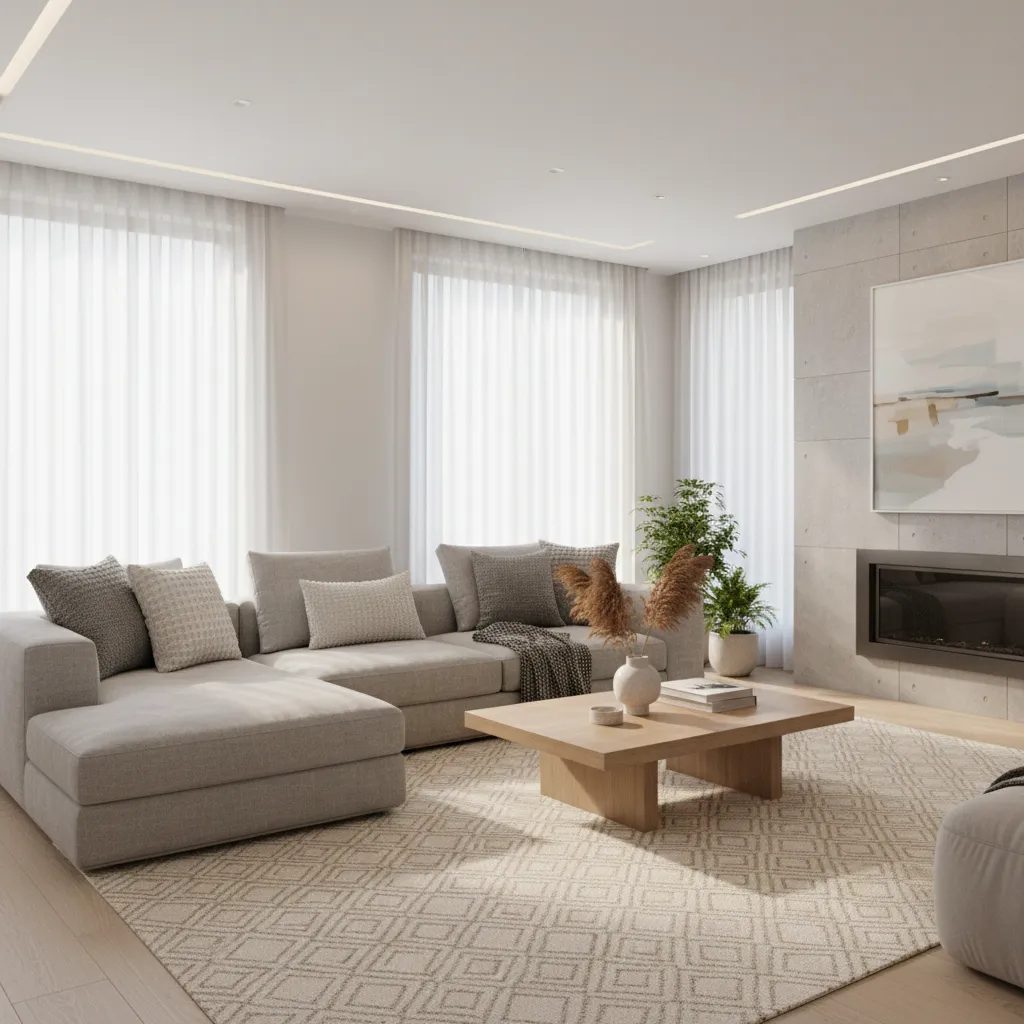 Render 3D realista de un salón moderno antes de realizar una reforma