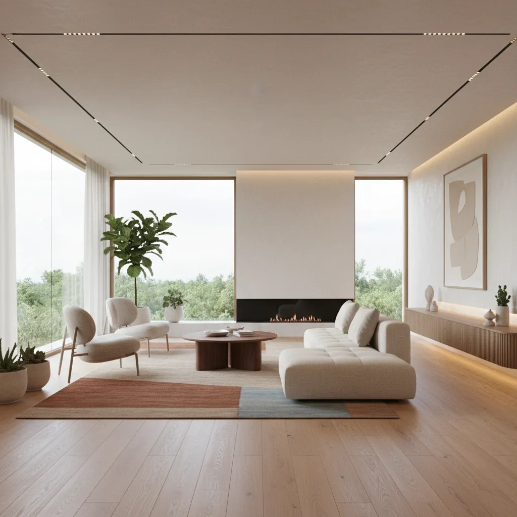 Render 3D de salón moderno con iluminación natural