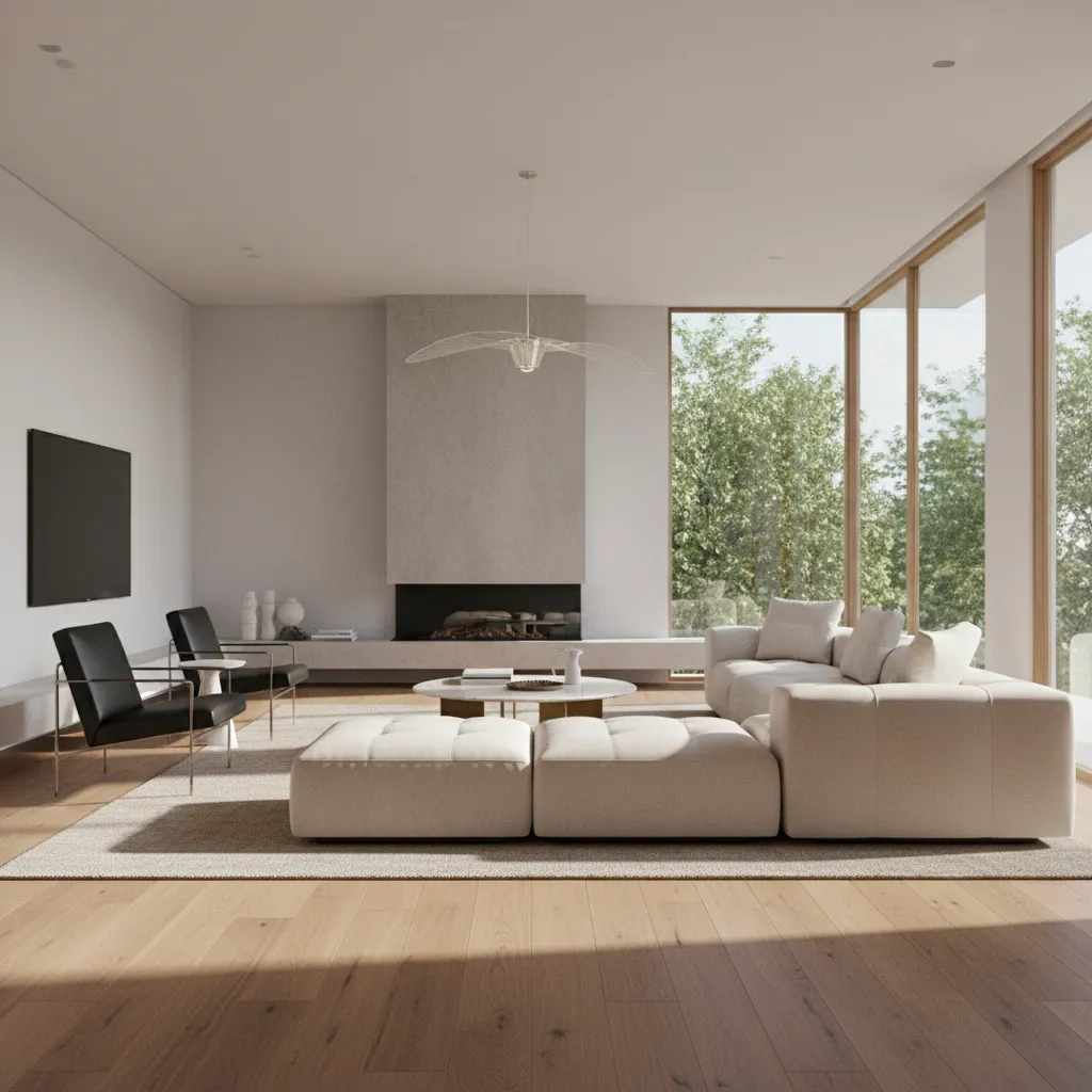 Render 3D realista de un salón moderno diseñado digitalmente