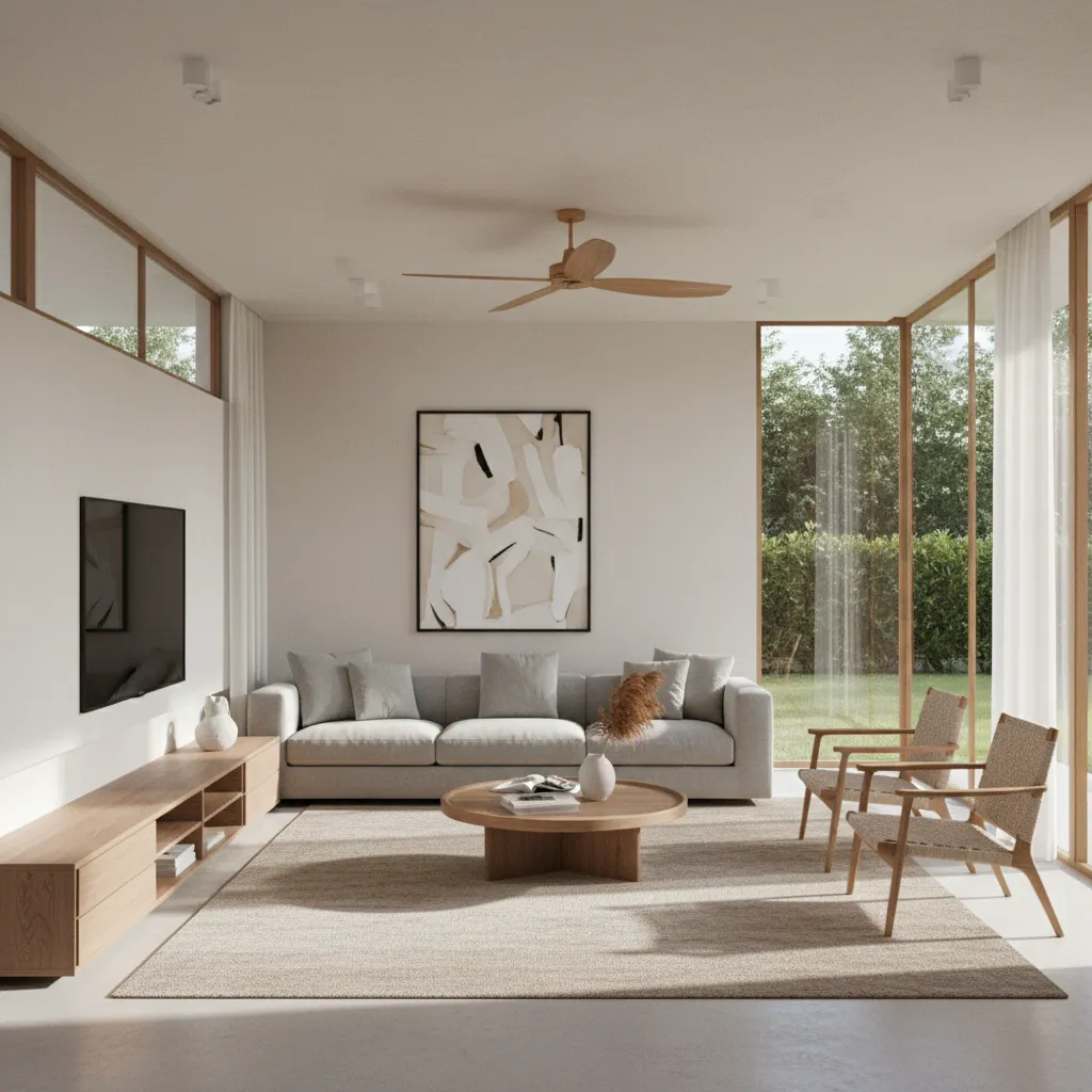 Render 3D realista de un salón moderno antes de una reforma