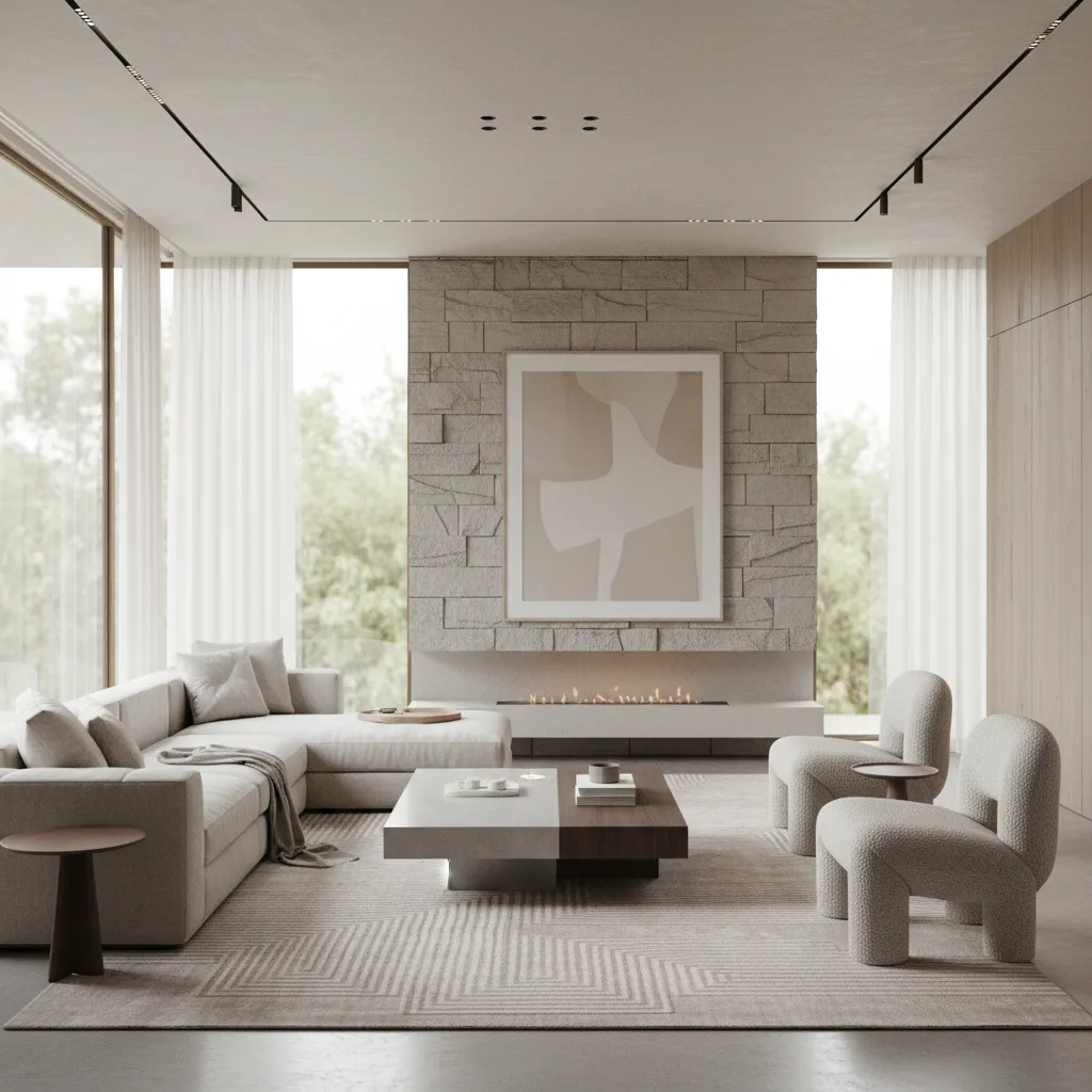 Render 3D realista de salón moderno creado en software de diseño