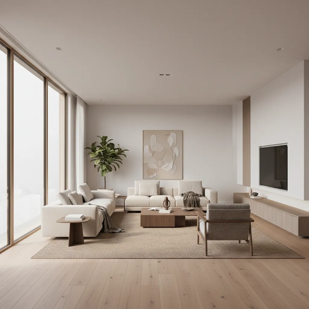 Renderizado 3D de sala moderna creado con software de diseño de interiores