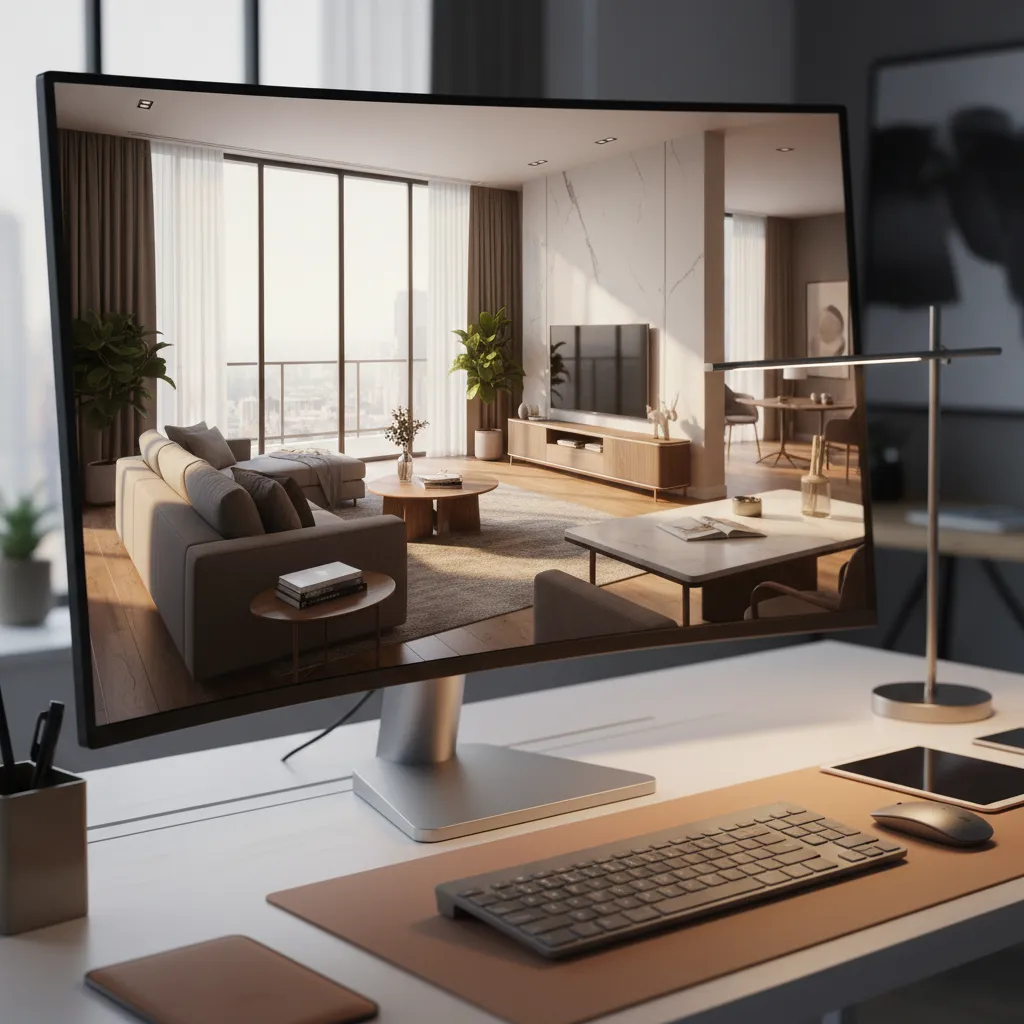 Render 3D de salón moderno en ordenador