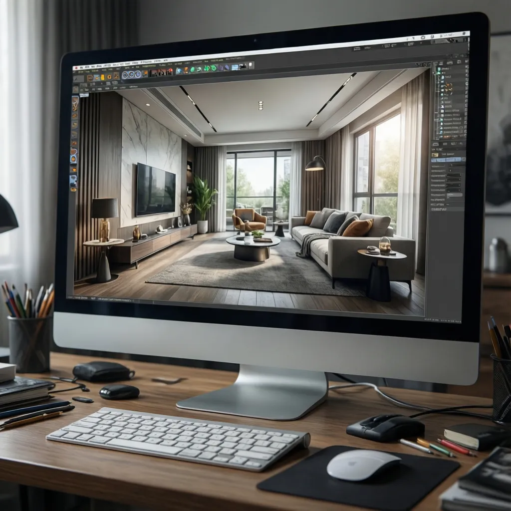 Computer monitor displaying realistic living room interior design drawing with sofa and large bright windows