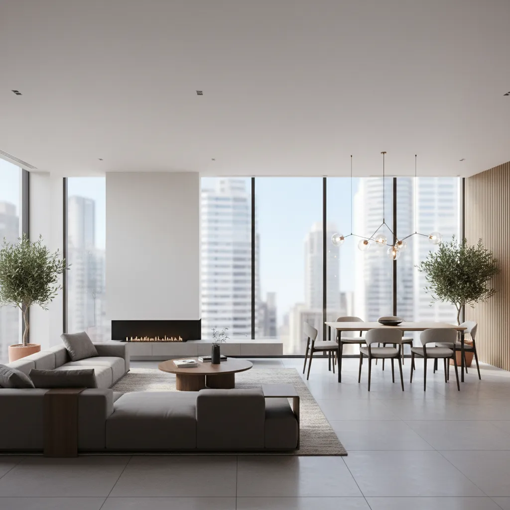 Modern open living room with grey sofa, dining table, ceiling light, fireplace, and city views