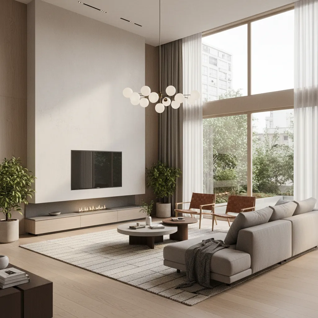 Render 3D realista de un salón moderno