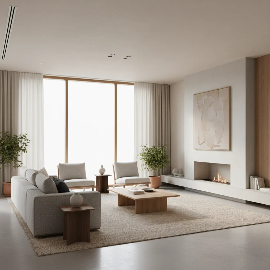Renderizado 3D realista de un salón moderno