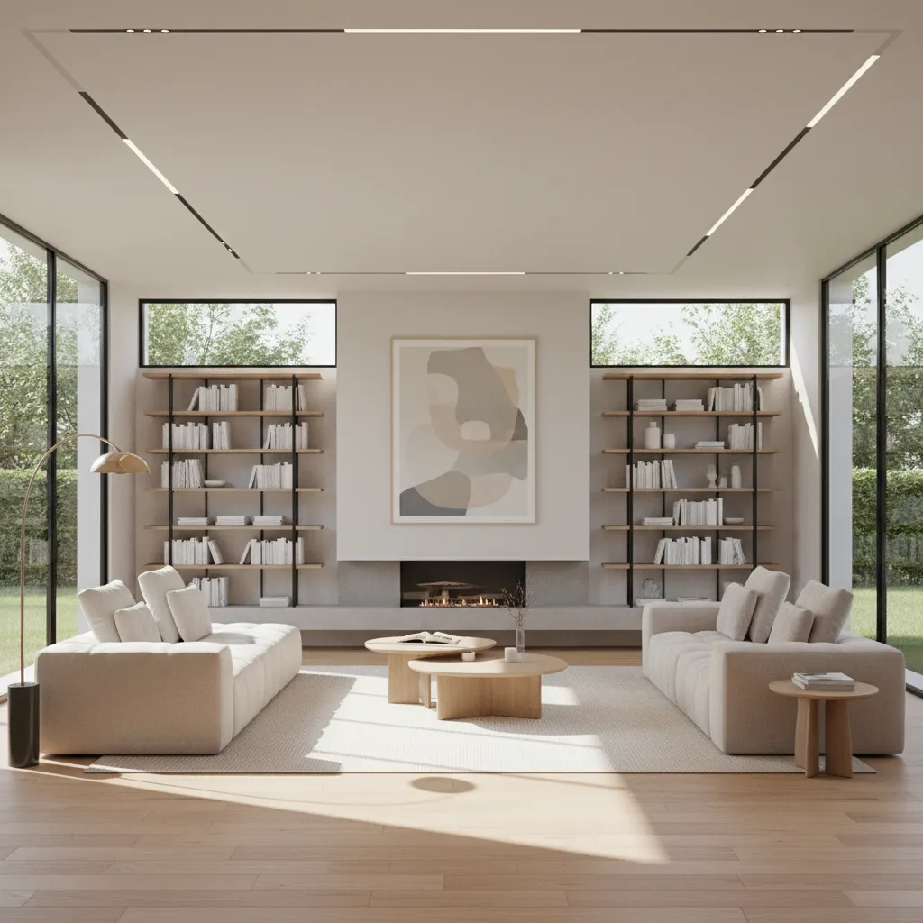 Render 3D realista de salón moderno diseñado digitalmente
