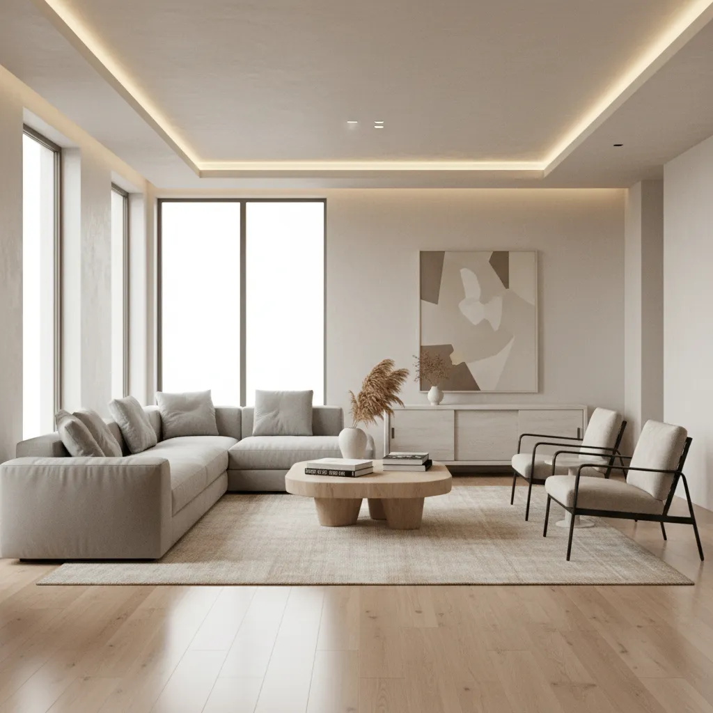 Render 3D realista de un salón diseñado profesionalmente