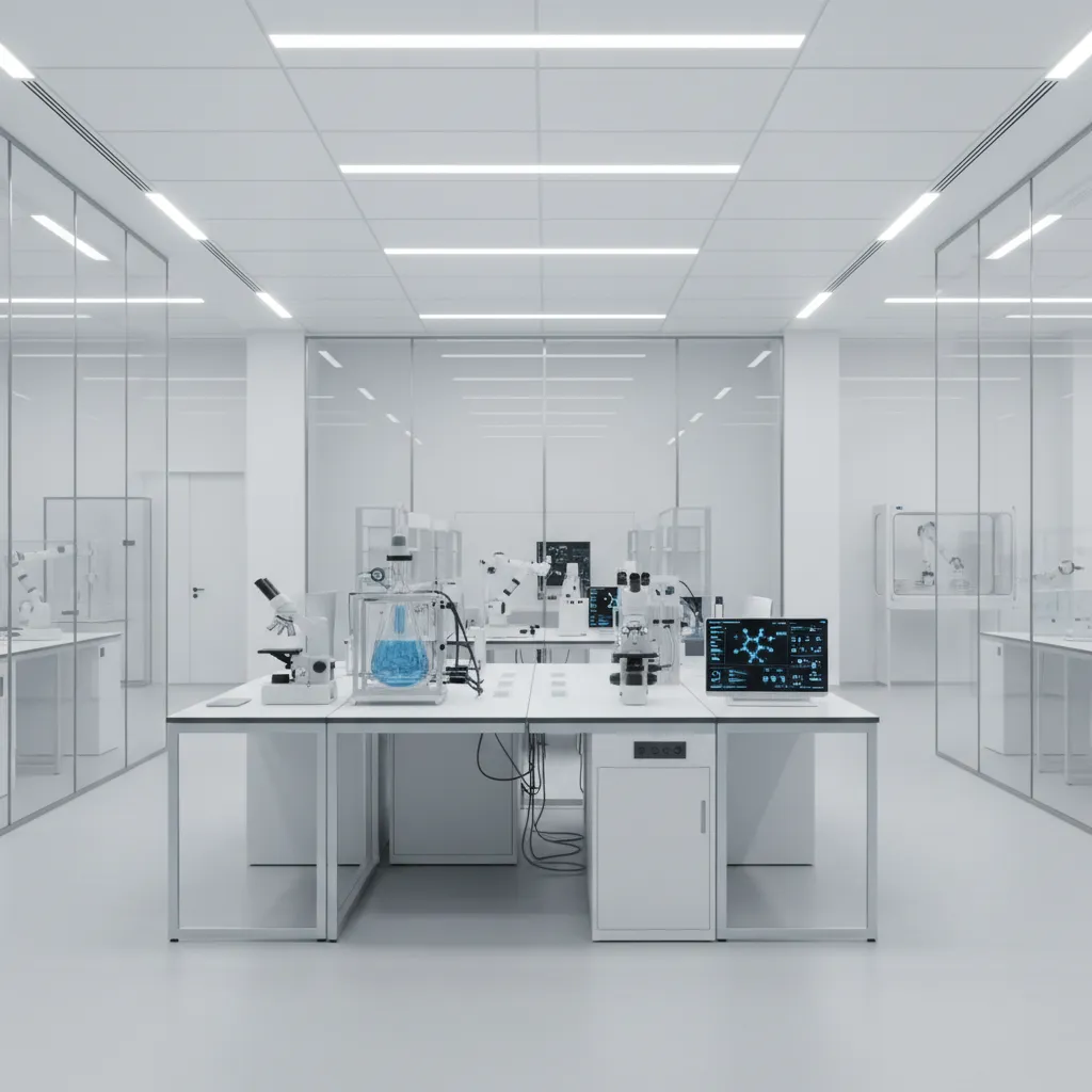 Render 3D realista de un laboratorio moderno con iluminación profesional