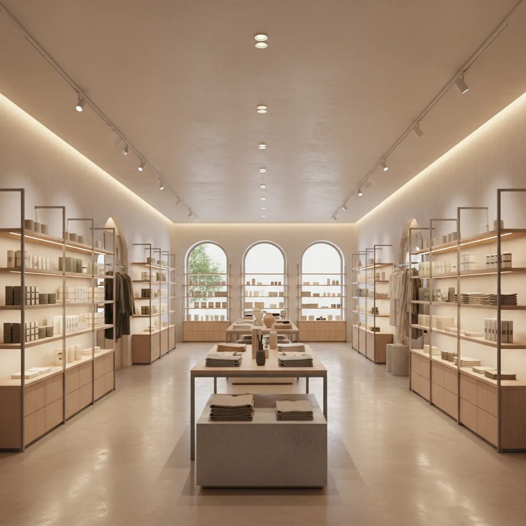Render 3D realista de diseño interior de tienda comercial