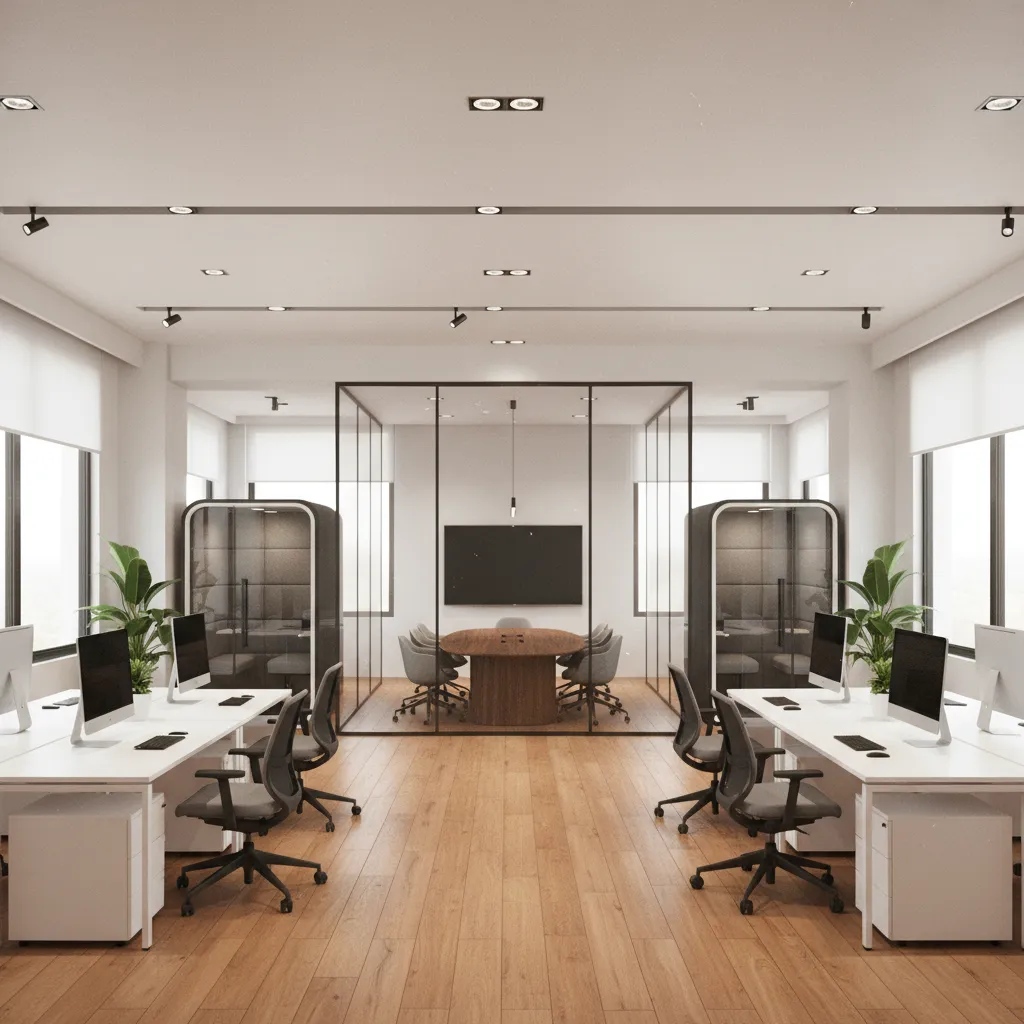 Render 3D realista de un proyecto de diseño de oficina antes de la construcción
