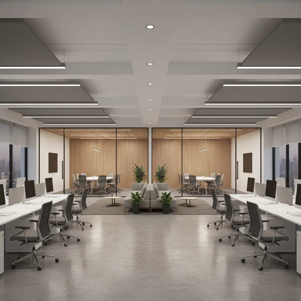 Modern open office layout with white desks gray chairs sofa plants and glass meeting rooms