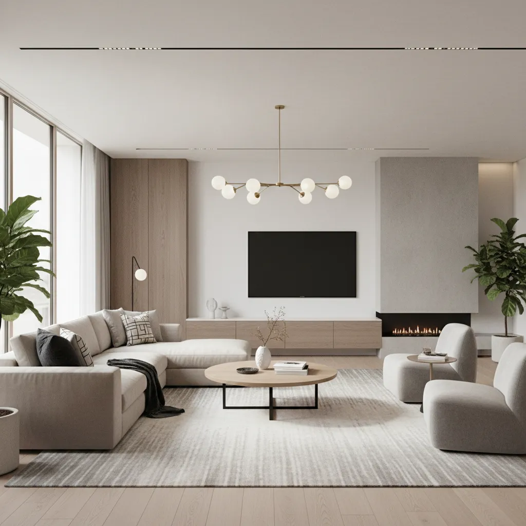 Modern living room with beige sofa, television, fireplace, coffee table, rug, and gold ceiling light