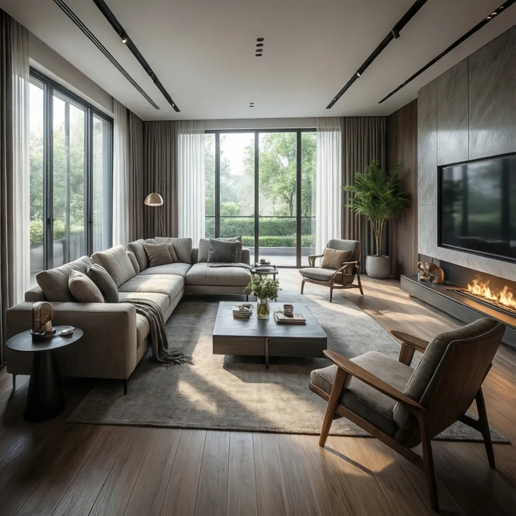Render 3D realista de un proyecto de sala moderna