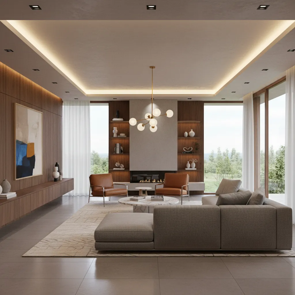 Modern living room with grey sofa brown chairs marble table wood wall panels ceiling light