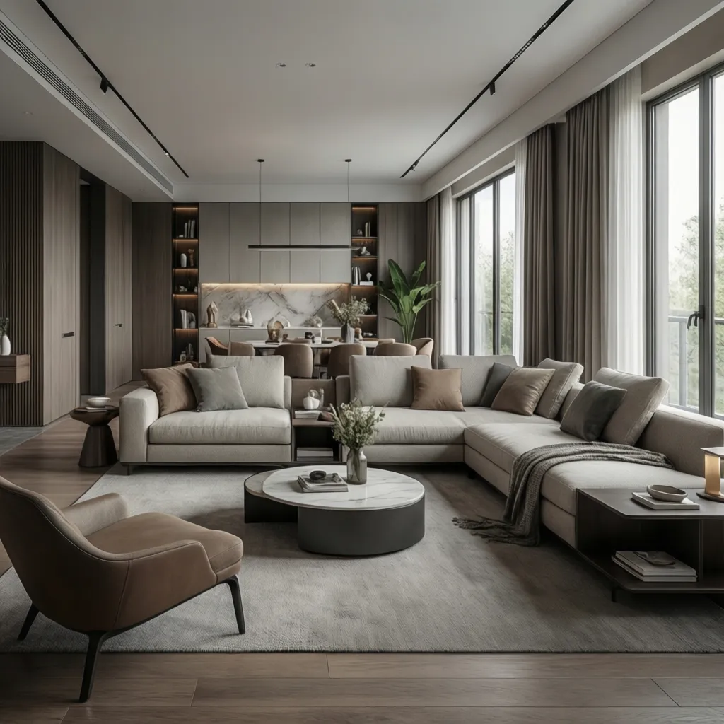 Render 3D realista de un salón moderno diseñado por un estudiante