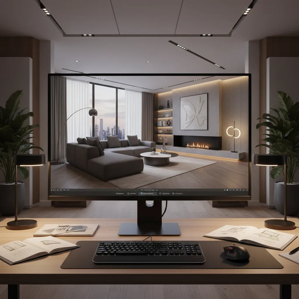 Pantalla de ordenador mostrando render 3D de un diseño de interior