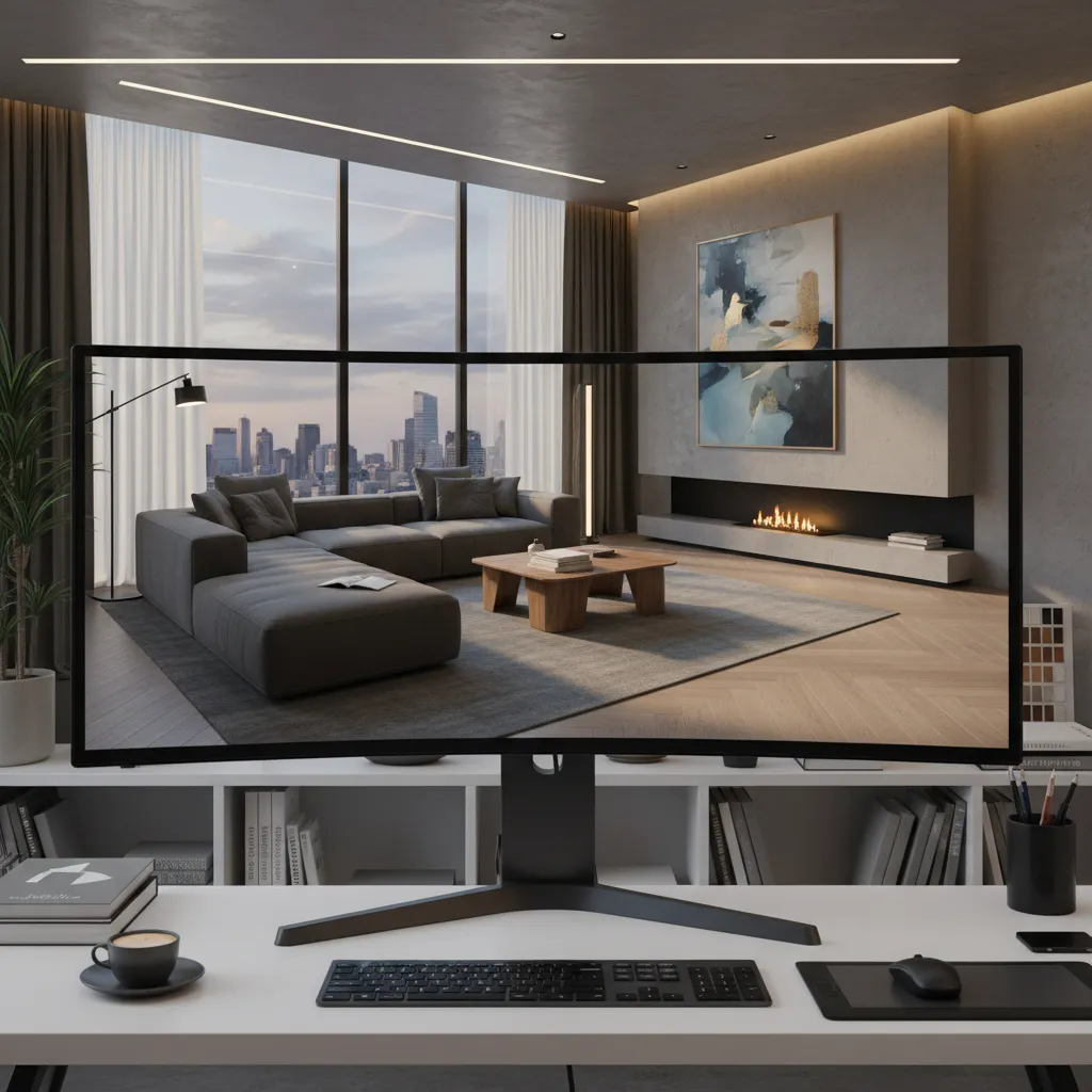 Curved computer monitor displaying modern living room design with grey sofa fireplace and city view