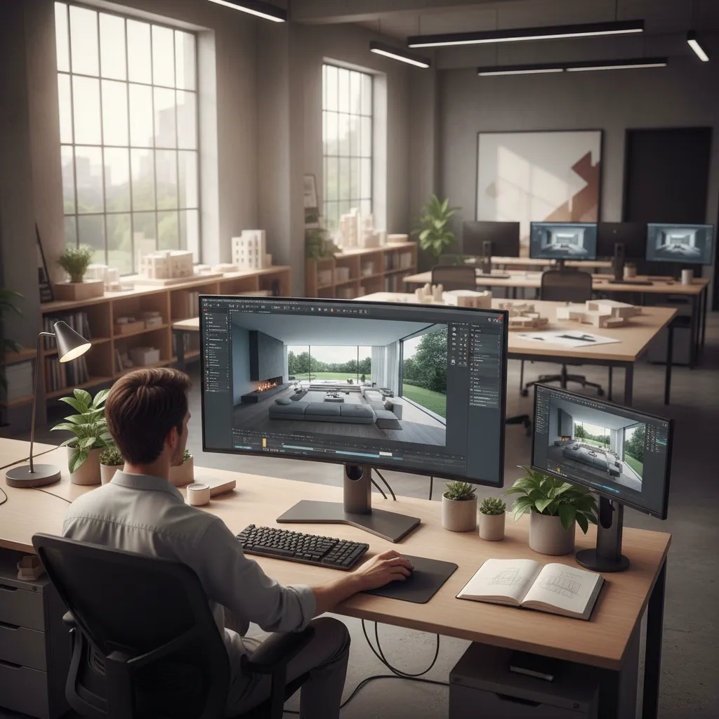 Pantalla mostrando render 3D de un proyecto de interiorismo y arquitectura