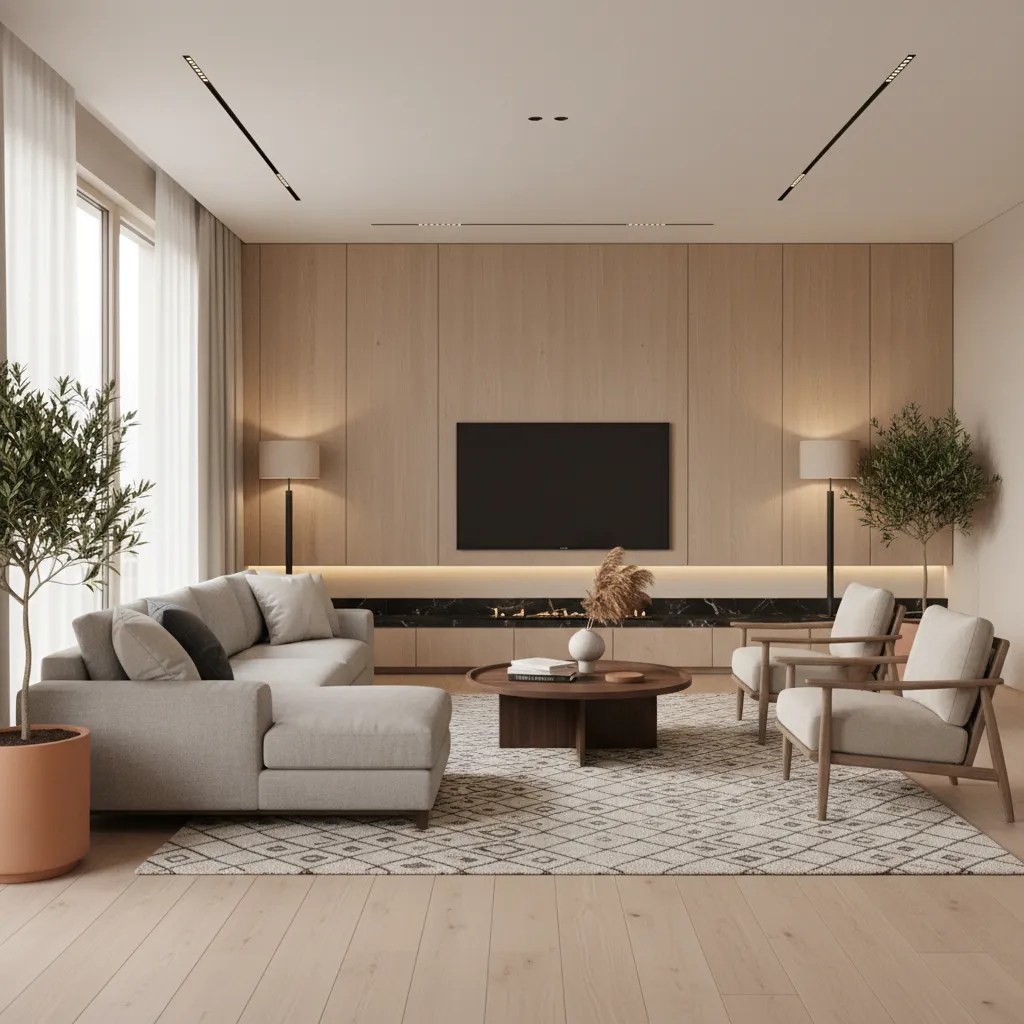 Modern living room with wooden wall panels grey sofa two chairs round table and light