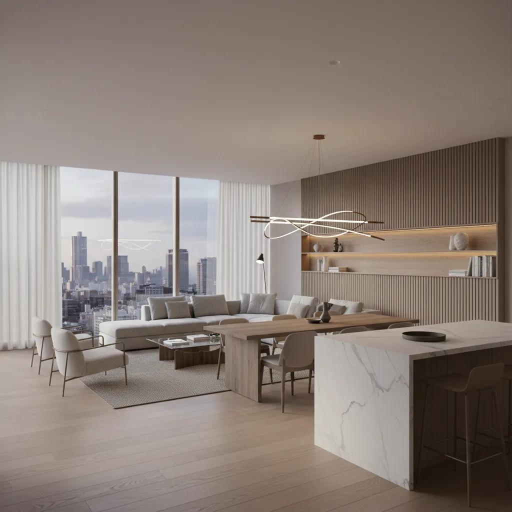 Render 3D realista de un proyecto de diseño interior residencial